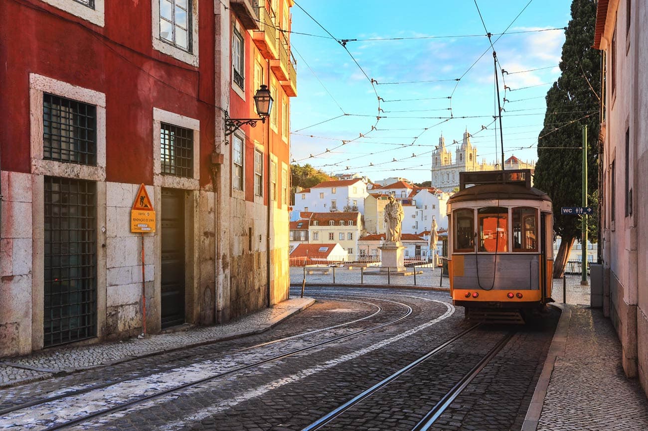 Tram on a historic Lisbon street