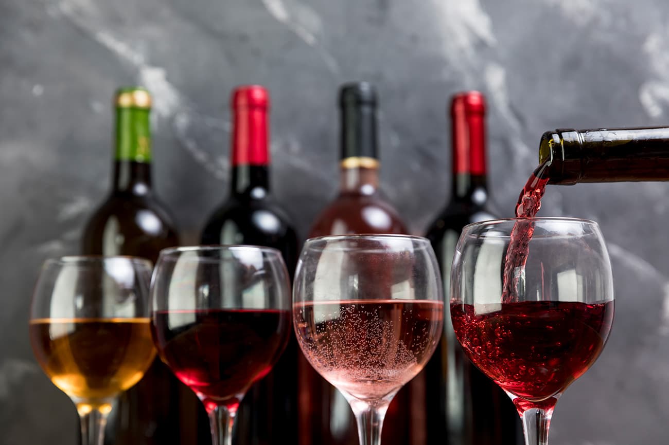 Wine served in glasses on a table