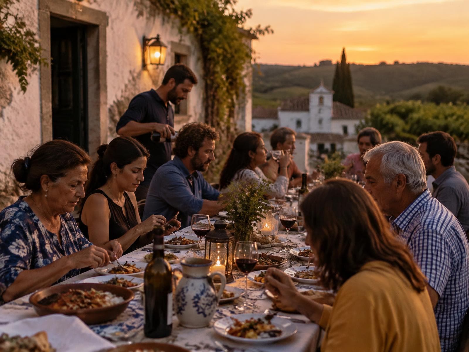 Pessoas à mesa numa quinta portuguesa