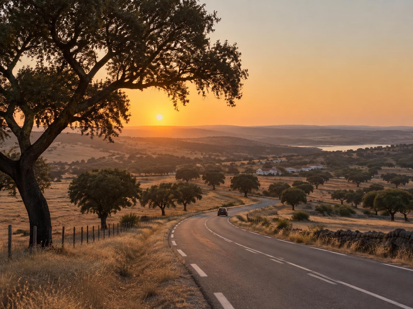 Road through the Alentejo landscape at sunset